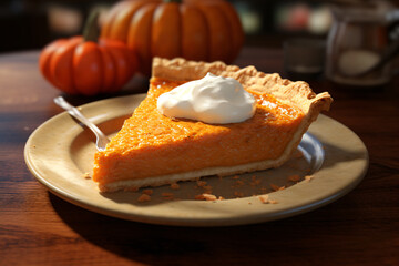 Delicious piece of pumpkin pie with cream on top on a plate