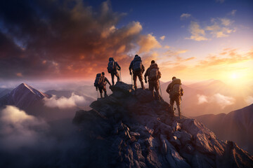 Fototapeta premium Mountaineers reaching the summit of a mountain together depicting the concept of success, reaching a goal or team work