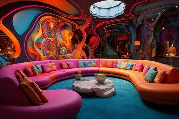 Contemporary vibrant lounge, psychedelic design. Generative AI