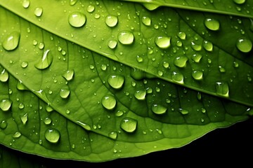 A beautiful fresh green leaf covered with raindrops and highlighted by the sun. The plant has a beautiful expressive structure. generative ai.