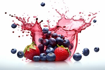 Splash of strawberry and blueberry juice with isolated berries, emphasizing healthy food and balanced diet. Design element with clipping path included. Generative AI - obrazy, fototapety, plakaty
