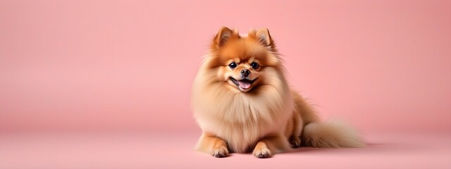 Fototapeta na wymiar Studio portraits of a funny Pomeranian Spitz dog on a plain and colored background. Creative animal concept, dog on a uniform background for design and advertising.