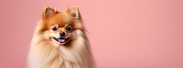 Studio portraits of a funny Pomeranian Spitz dog on a plain and colored background. Creative animal concept, dog on a uniform background for design and advertising. - obrazy, fototapety, plakaty