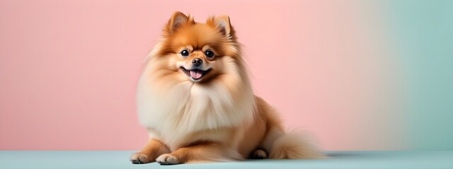 Studio portraits of a funny Pomeranian Spitz dog on a plain and colored background. Creative animal concept, dog on a uniform background for design and advertising.