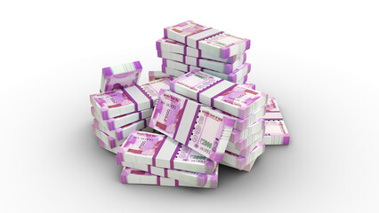 3d rendering of Stacks of 2000 Indian rupee notes. bundles of Indian currency notes isolated on transparent background