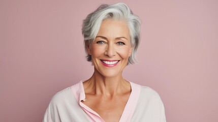 Fototapeta premium Elderly woman full of health, portrait of a smiling pensioner, healthy skin, wrinkles, skin care, pink background