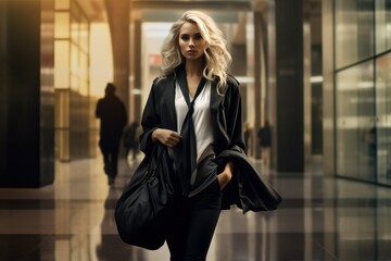 Obraz premium Elegant fictional lady in black walking. Generative AI.
