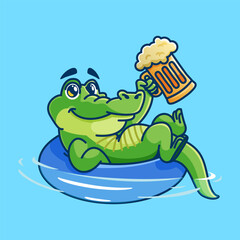 cute cartoon crocodile mascot relaxing on a pool float holding beer.adorable cartoon mascot illustration