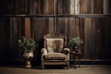 An antique timber chair against a rustic backdrop. Generative AI