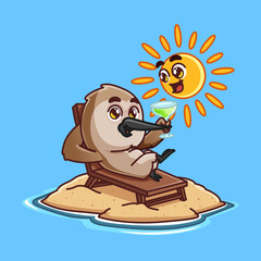cute cartoon sandpiper relaxed on beach with cute bright sun, adorable cartoon mascot illustration