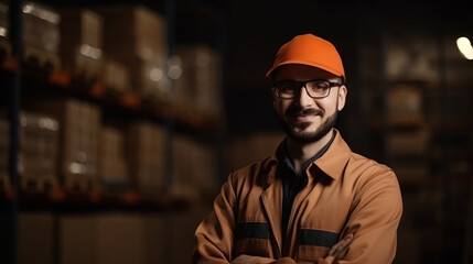 Portrait warehouse parcel delivery male staff worker happy working in port cargo shipping industry with safety suit. Work concept. Cargo concept. Shipping concept