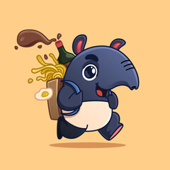 cute cartoon tapir mascot walking carrying ramen, egg and sauce. adorable cartoon mascot illustration - obrazy, fototapety, plakaty