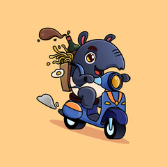 cute cartoon tapir mascot ride scooter delivery ramen, egg and sauce. adorable cartoon mascot illustration