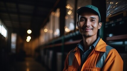 Fototapeta premium Portrait warehouse parcel delivery male staff worker happy working in port cargo shipping industry with safety suit. Work concept. Cargo concept. Shipping concept