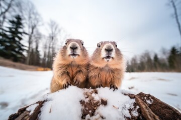 Two groundhogs standing together in the snow