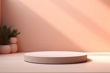 The Mockup of a round product display podium in pastel tones.
