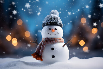 Naklejka na ściany i meble Smiling happy snowman with red Christmas scarf and black hat. Generative AI