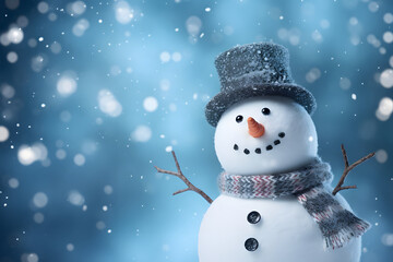 Fototapeta premium Happy snowman with winter hat and scarf. Blue background with copyspace and snowfall. Christmas and New Year celebration concept created using Generative AI