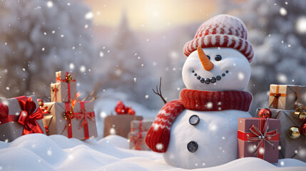 Snowman with a happy smiling face surrounded by gift boxes. Winter forest scenery. Christmas and Happy New Year celebration concept, created using Generative AI