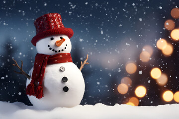 Fototapeta premium Happy snowman with winter hat and red scarf. Background with copyspace and snowfall. Christmas and New Year celebration concept created using Generative AI