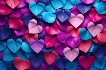 Colorful heart backdrop with violet, pink, and turquoise love hearts. Abstract 3D design. Generative AI
