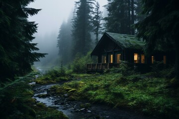 Solitary cabin amidst forest. Generative AI