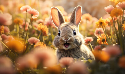 A rabbit sits in a field of peach-colored tulips with a blurred background.
