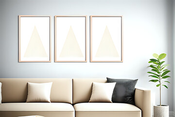 Three blank vertical photo frame mock up in scandinavian style living room interior, modern living room interior background, plant potted and cozy sofa. Beige pastel composition