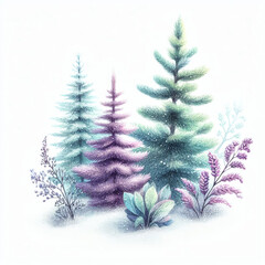 Winter Watercolor Mini Forest on White Background. A Set of Watercolor Pine Trees and Seasonal Plants