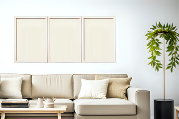 Three blank vertical photo frame mock up in scandinavian style living room interior, modern living room interior minimalist, plants decorations and cozy sofa