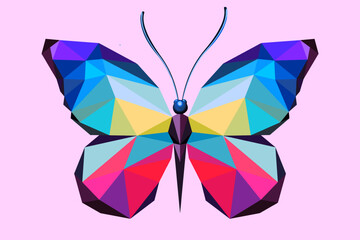 Low poly illustration of a colorful butterfly, geometric sequence art of polygonal insect, pink butterfly with wings, butterfly logo element isolated on light bluish background, trendy art.