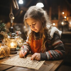 A little girl with blonde hair writing a Christmas list, generative ai 