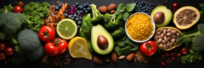 Selection of fresh and healthy vegetables and fruits on dark solid background, top view flat lay