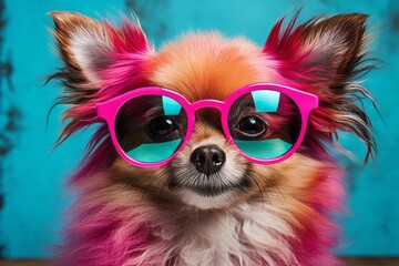 playful dog in stylish attire dancing against vibrant background, travel and adventure concept