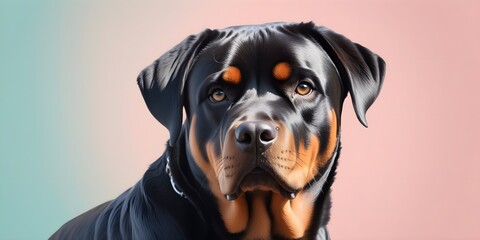Studio portraits of a funny Rottweiler dog on a plain and colored background. Creative animal concept, dog on a uniform background for design and advertising.