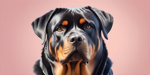 Studio portraits of a funny Rottweiler dog on a plain and colored background. Creative animal concept, dog on a uniform background for design and advertising.