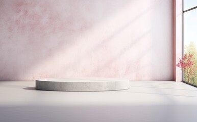 An empty white concrete room mock up with podium, matte photo