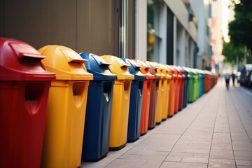 A row of colorful colored plastic trash cans. Generative AI - obrazy, fototapety, plakaty