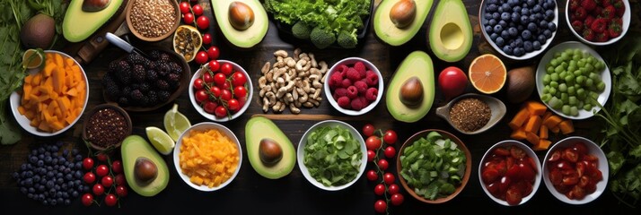 Vibrant veggie and fruit selection, top view flat lay on dark background, promoting healthy eating.