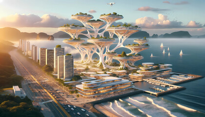 City in the sky, growing in a seashore