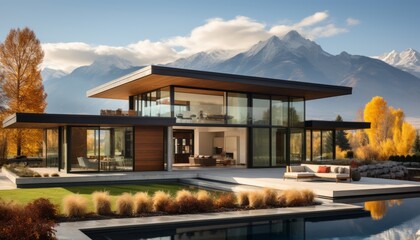 Stunning modern white house with an exquisite pool nestled amidst the breathtaking mountain scenery - obrazy, fototapety, plakaty