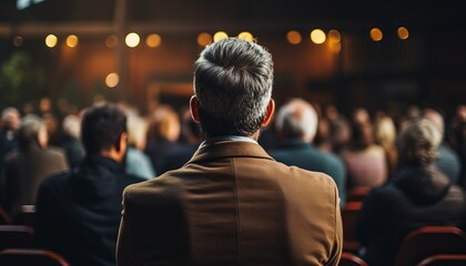 Rear view of unidentified participant in the audience at a business and entrepreneurship symposium - obrazy, fototapety, plakaty