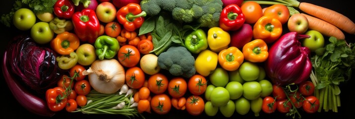 Naklejka na ściany i meble Fresh and vibrant assortment of fruits and vegetables elegantly displayed on a dark solid background