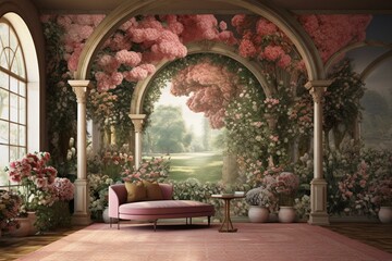 Arch fresco depicting blooming garden for digital wallpaper printing. Generative AI - obrazy, fototapety, plakaty