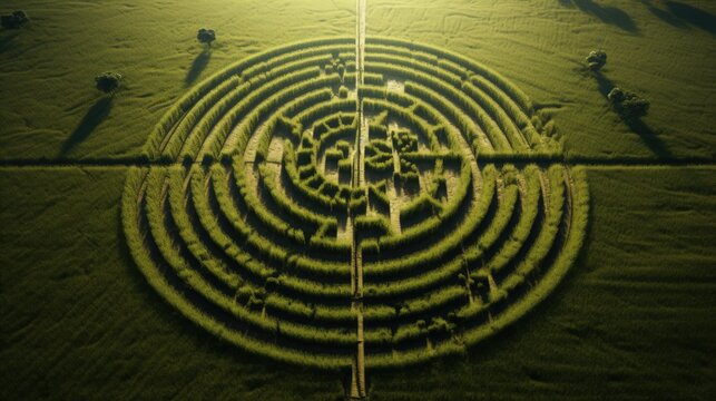 Aerial view of crop circle in plantation, realistic photo. Generative AI