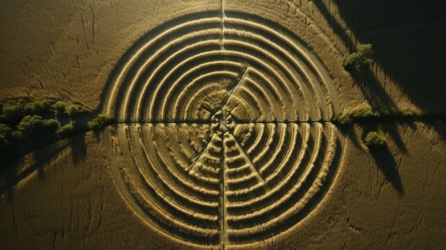 Aerial view of crop circle in plantation, realistic photo. Generative AI