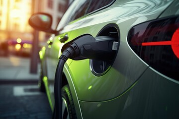 Charging car on electric charger with detailed hyperrealism. Generative AI