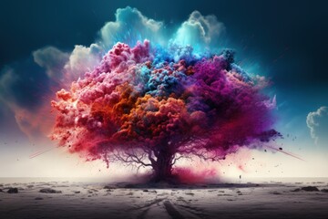 Colorful tree of the brain and dust in the sky. Generative AI