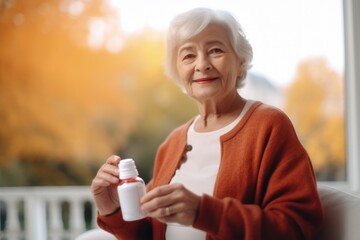 Elderly woman holding medicine bottle at home cinematic. Generative AI