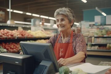 Fototapeta na wymiar Elderly woman working at supermarket checkout cinematic. Generative AI